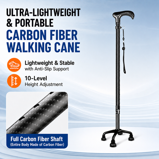 Ultra-Light Carbon Fiber Walking Cane with Quad Base & Adjustable Height