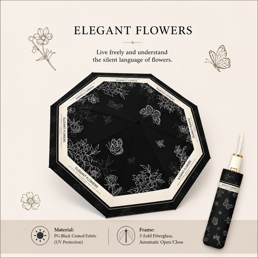 Elegant Flowers Automatic Floral Umbrella (UV Protection, Windproof, Compact 3-Fold Design)