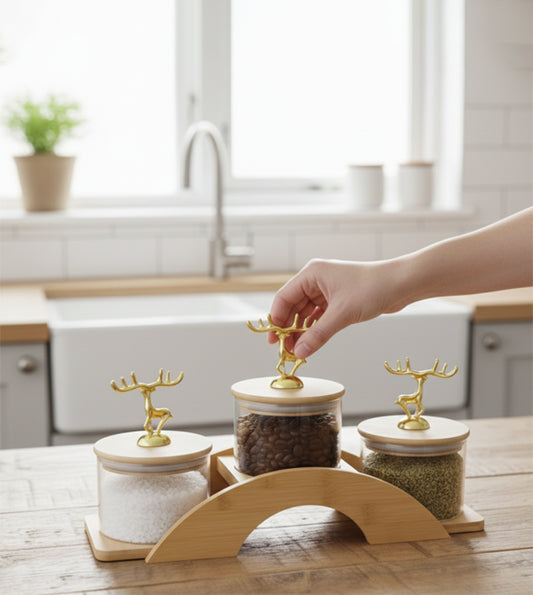 Premium Deer Glass Storage Jar Set with Wooden Tray