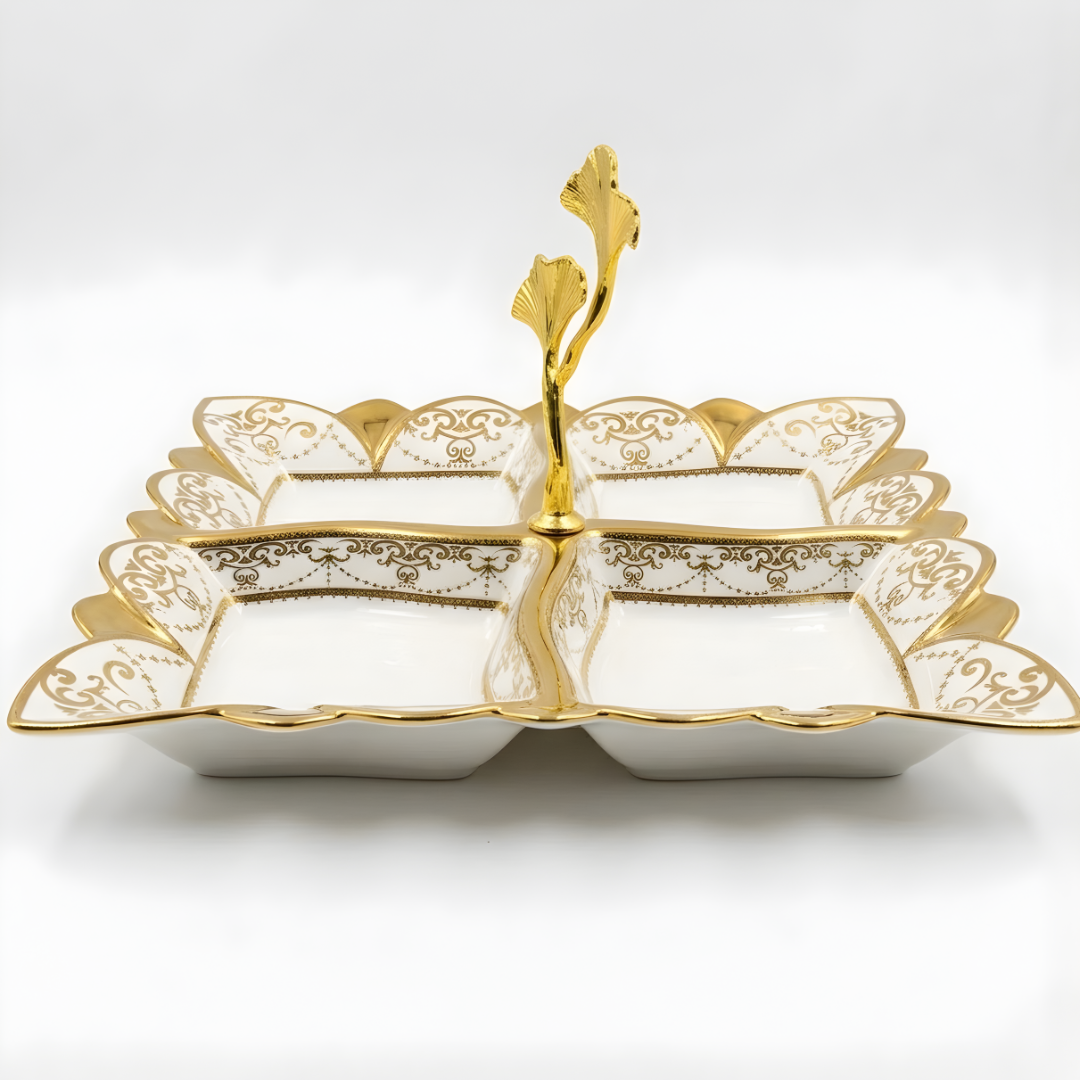 Luxury 4-Section Porcelain Serving Tray with Handle