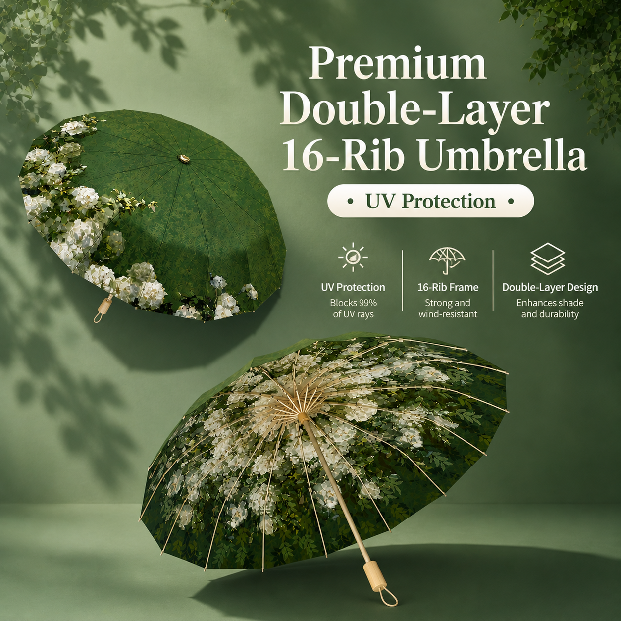 Premium Double-Layer UV Protection Floral Umbrella (UPF50+, 16-Rib, Windproof)