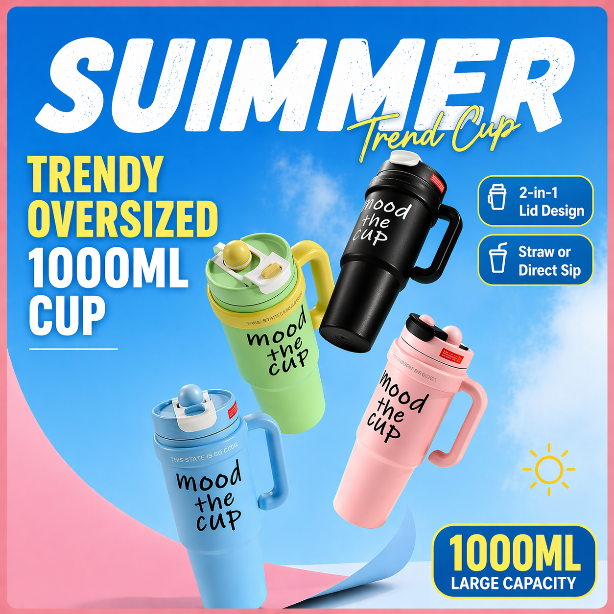 1000ML Leak-Proof Thermal Cup – Insulated Tumbler with Handle