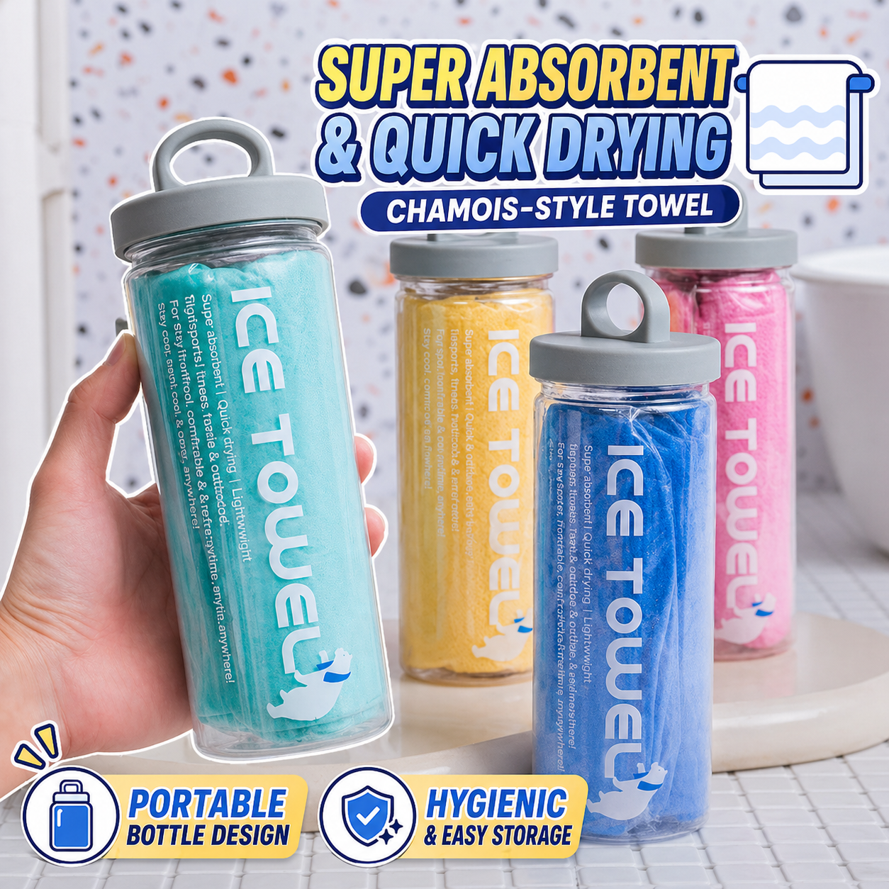 Portable Ice Cooling Towel with Bottle – Quick Dry PVA Sports Towel