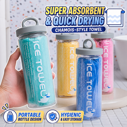 Portable Ice Cooling Towel with Bottle – Quick Dry PVA Sports Towel