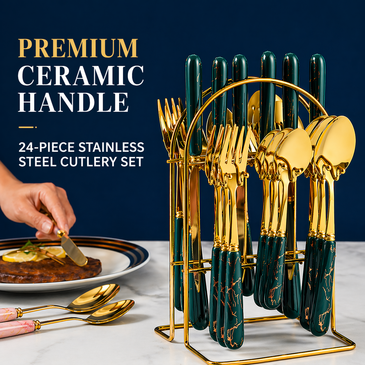 24PCS Cutlery Set with Stand (Gold / Silver Ceramic Handle)