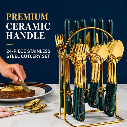 24PCS Cutlery Set with Stand (Gold / Silver Ceramic Handle)