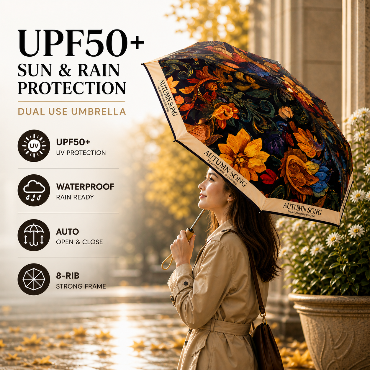 Autumn Song Premium Floral Automatic Umbrella (UV Protection, Windproof, Compact Design)