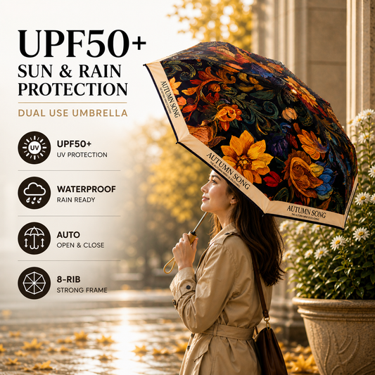 Autumn Song Premium Floral Automatic Umbrella (UV Protection, Windproof, Compact Design)