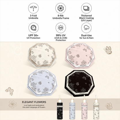 Elegant Flowers Automatic Floral Umbrella (UV Protection, Windproof, Compact 3-Fold Design)