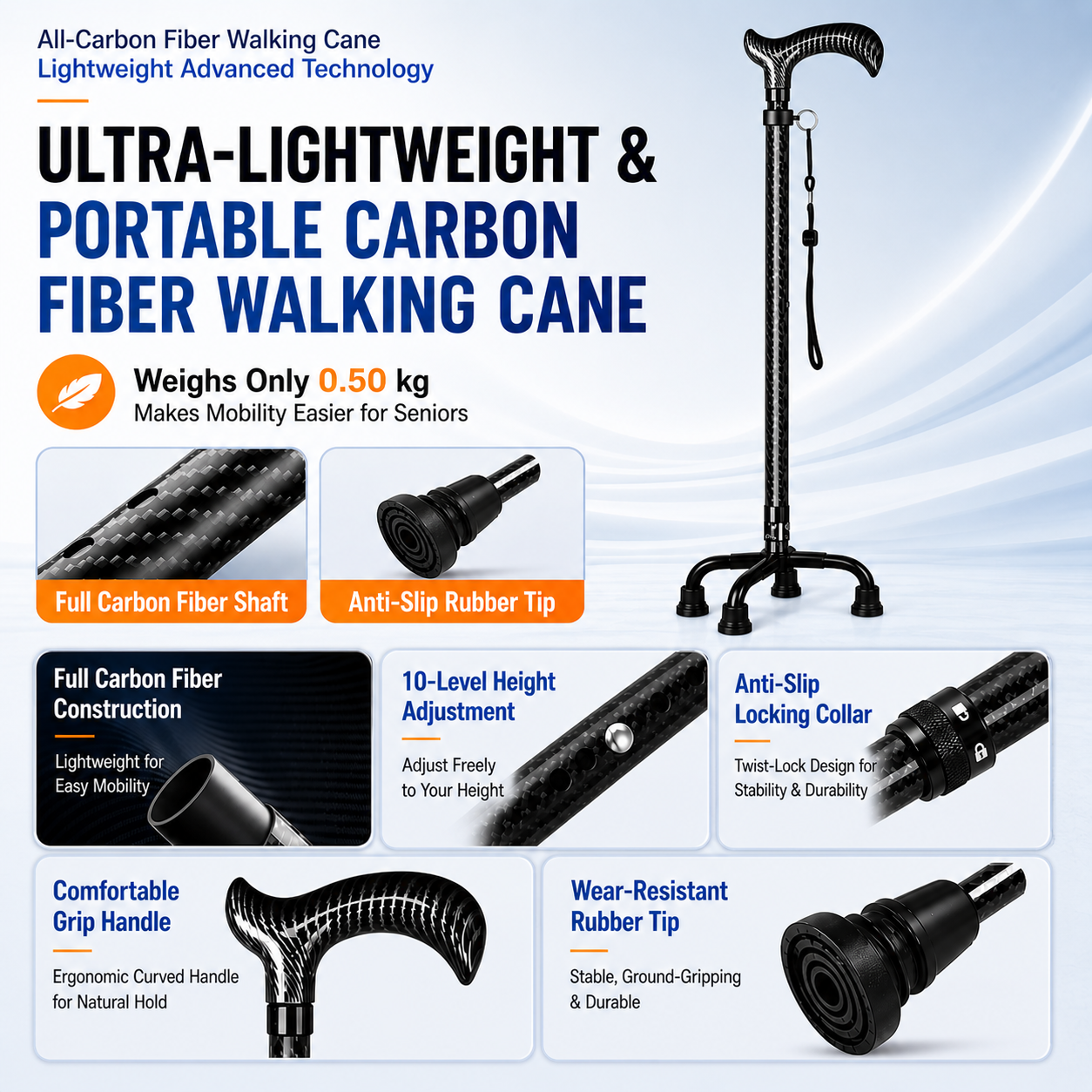Ultra-Light Carbon Fiber Walking Cane with Quad Base & Adjustable Height