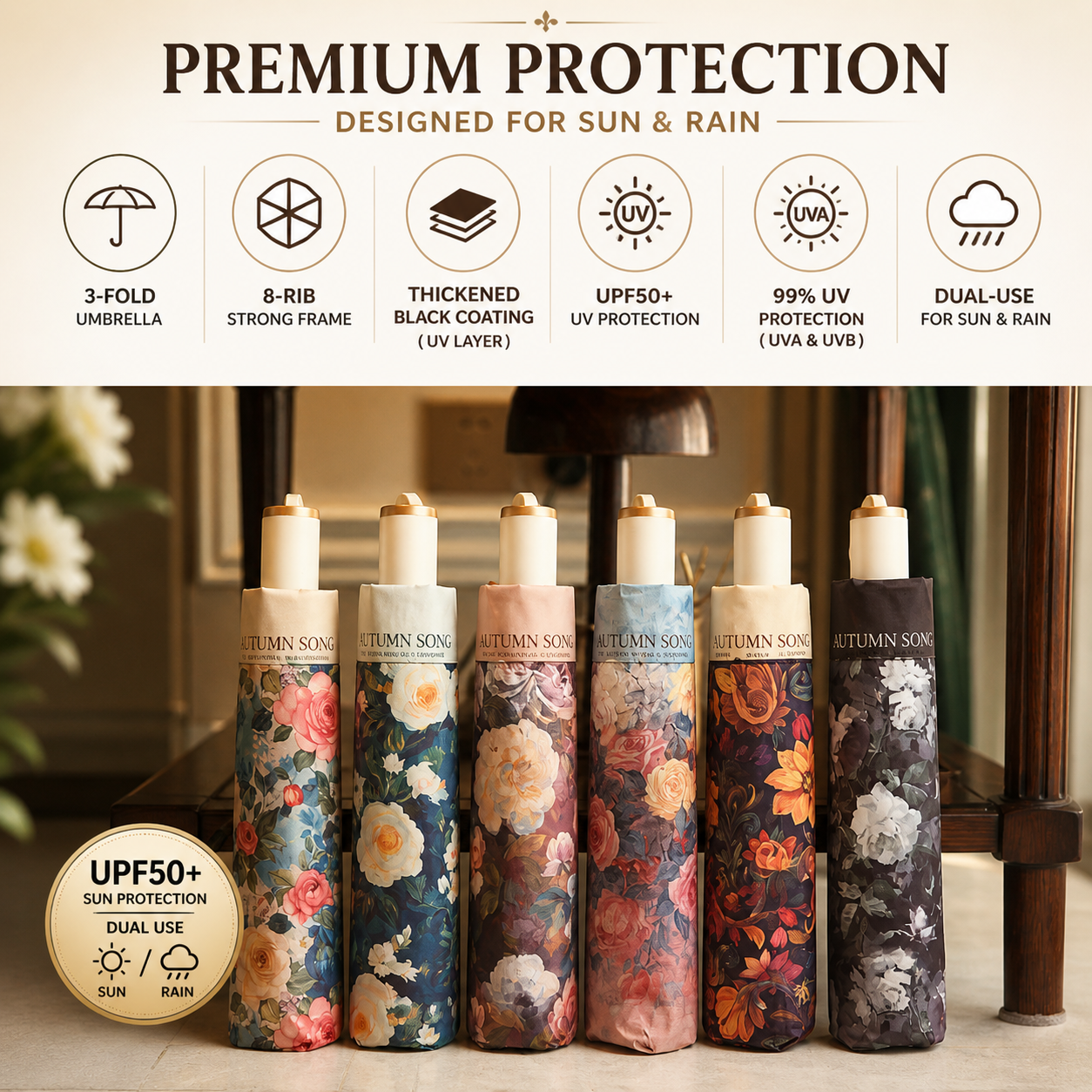 Autumn Song Premium Floral Automatic Umbrella (UV Protection, Windproof, Compact Design)