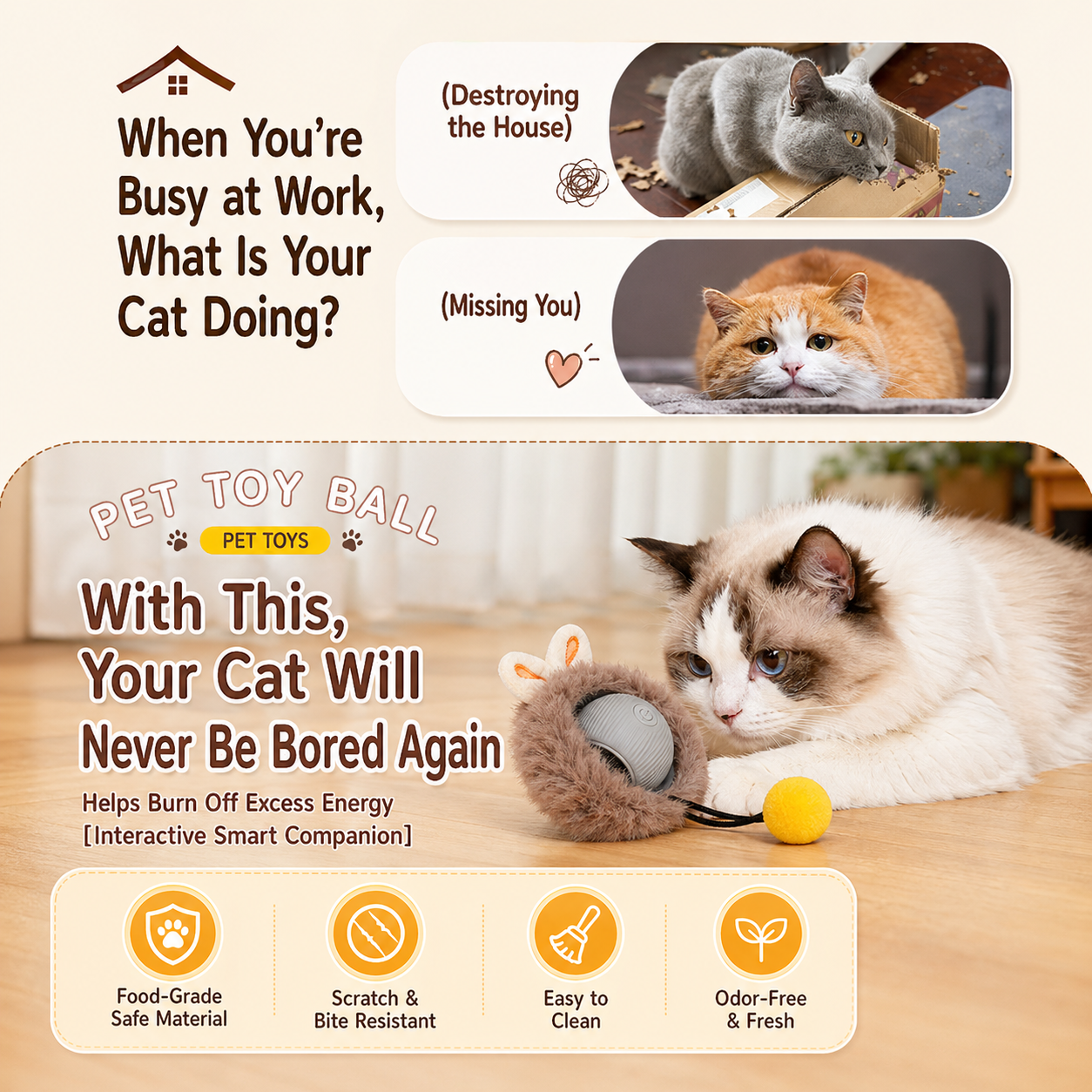 Smart Interactive Cat Toy Ball (USB Rechargeable Auto Rolling Toy)