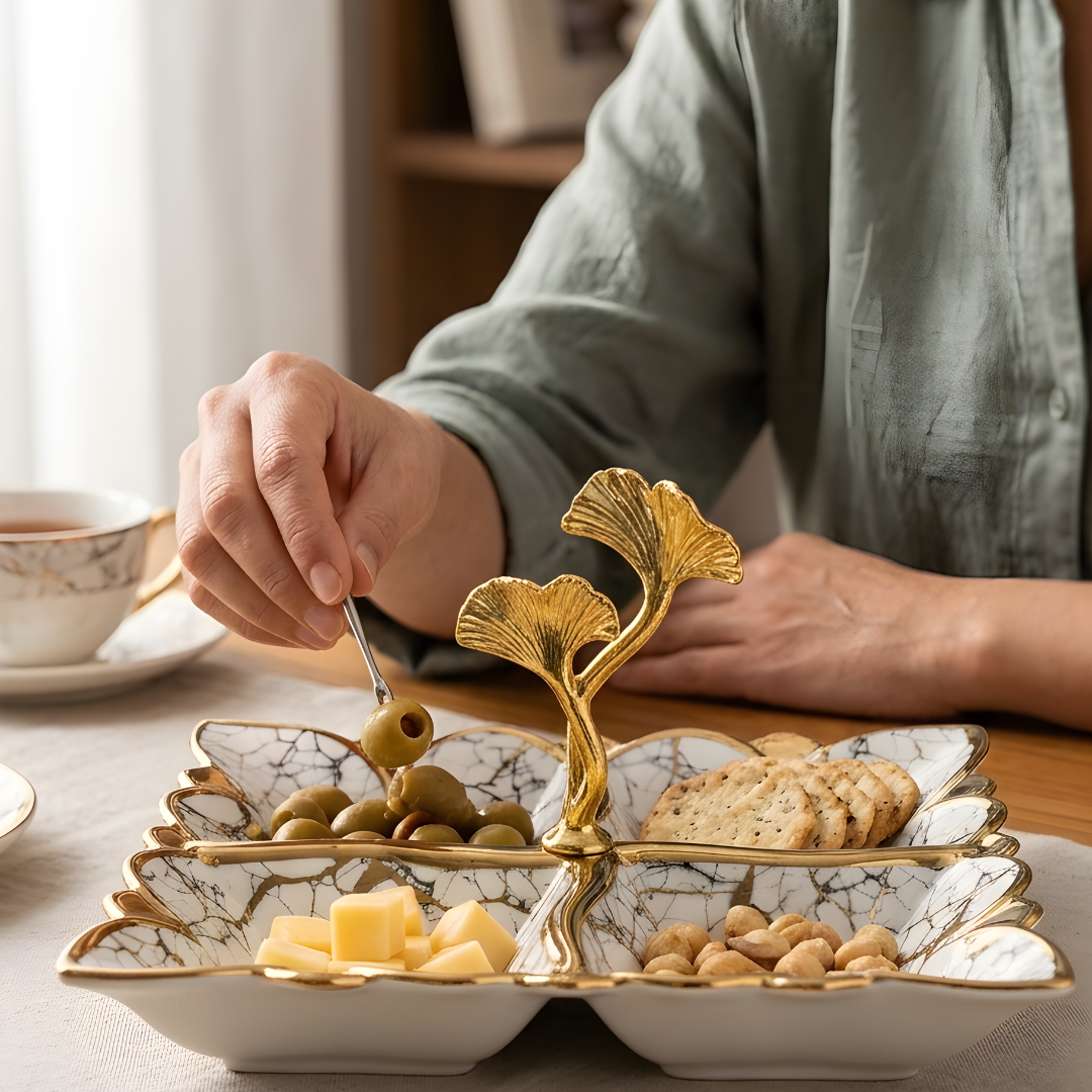 Luxury 4-Section Porcelain Serving Tray with Handle