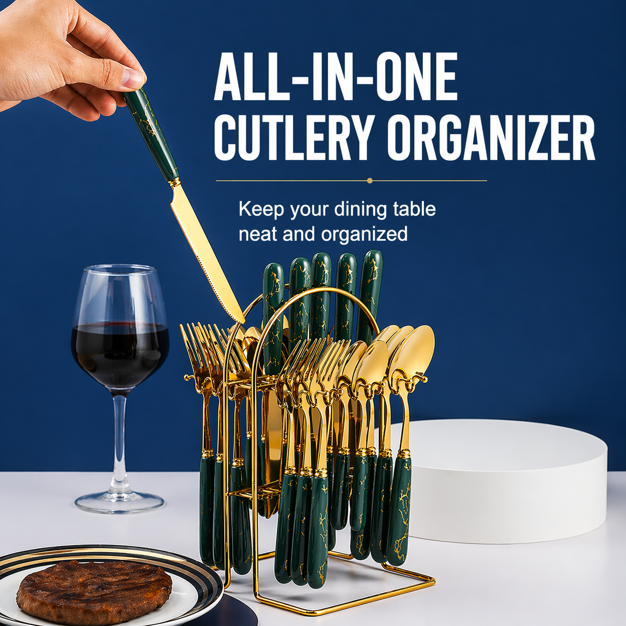 24PCS Cutlery Set with Stand (Gold / Silver Ceramic Handle)