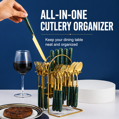 24PCS Cutlery Set with Stand (Gold / Silver Ceramic Handle)