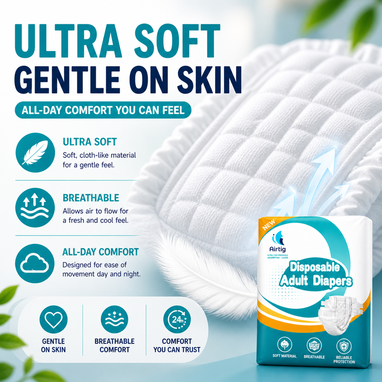 Ultra Thin Disposable Adult Diapers – Super Absorbent, Leak-Proof & Breathable (M/L/XL)