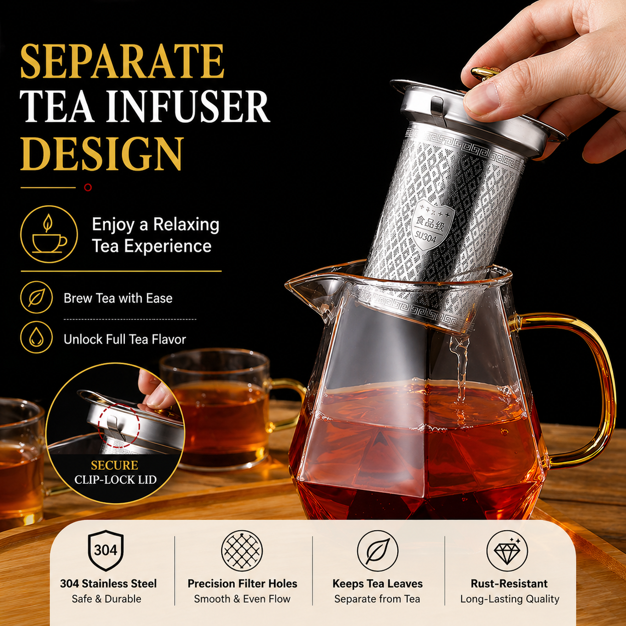 Octagonal Glass Teapot with Stainless Steel Infuser (750ML)