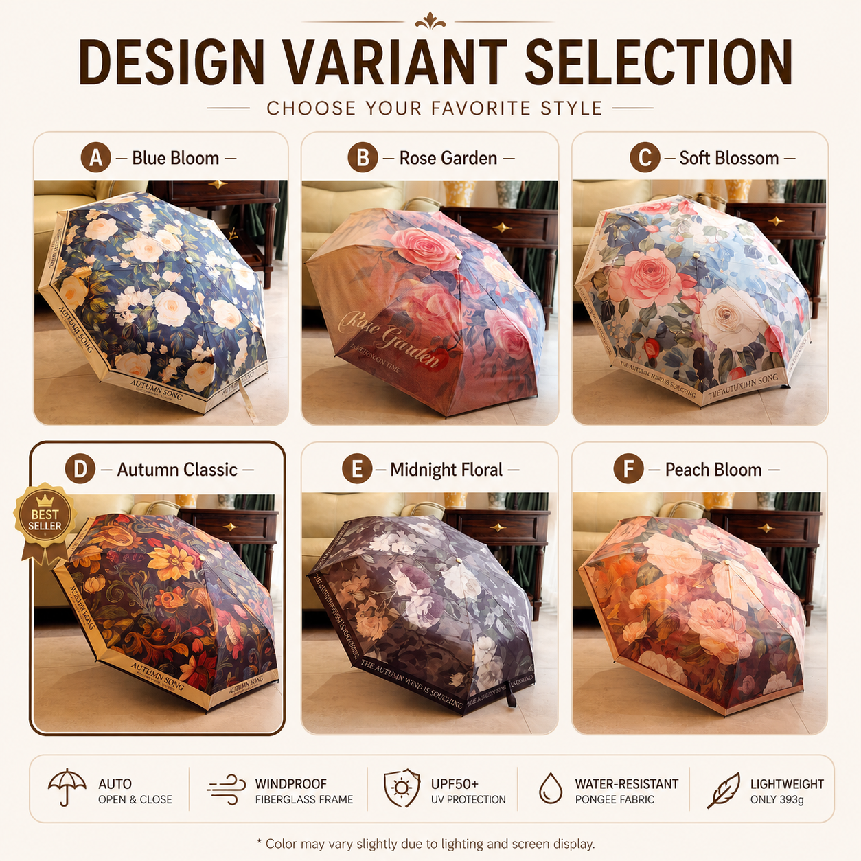 Autumn Song Premium Floral Automatic Umbrella (UV Protection, Windproof, Compact Design)