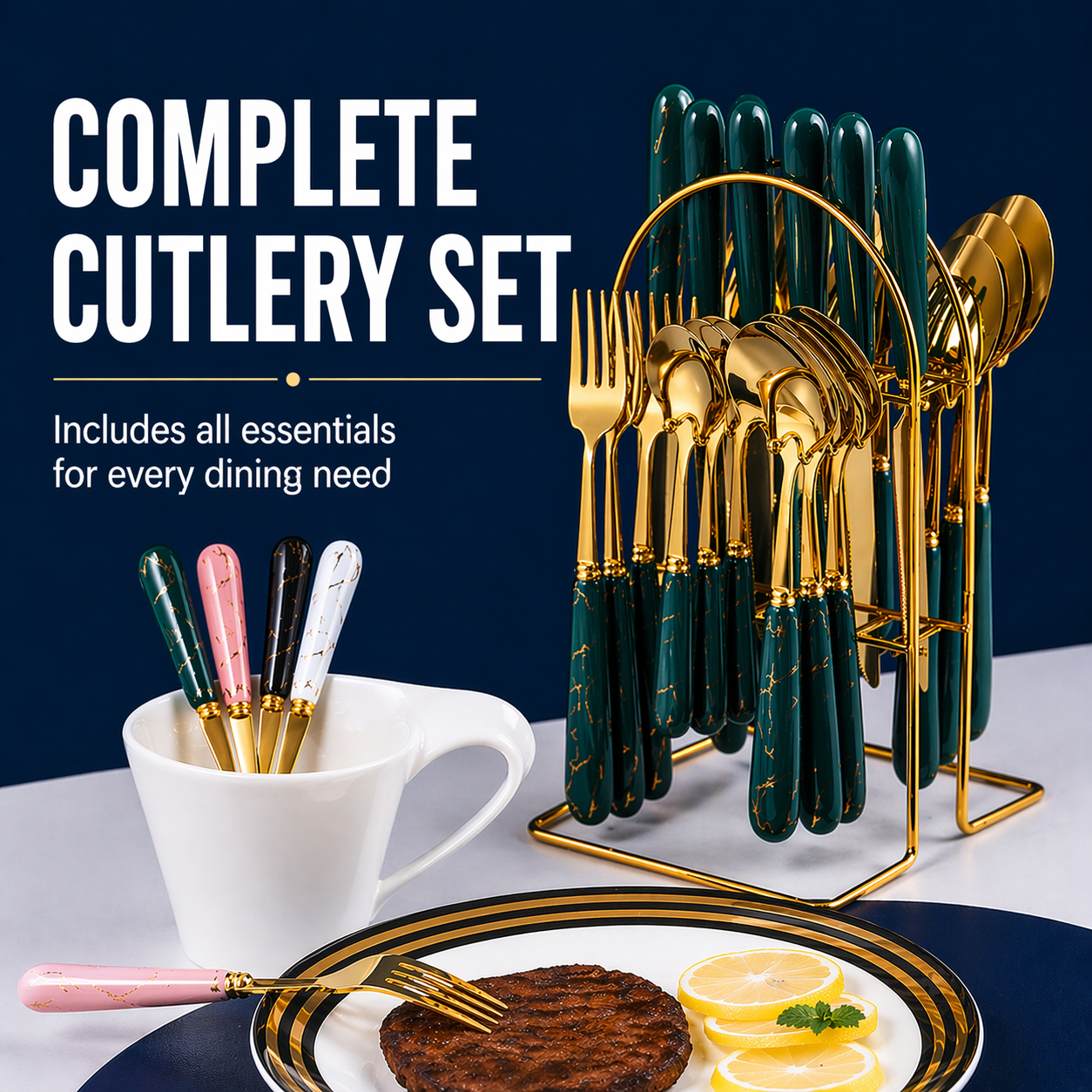 24PCS Cutlery Set with Stand (Gold / Silver Ceramic Handle)