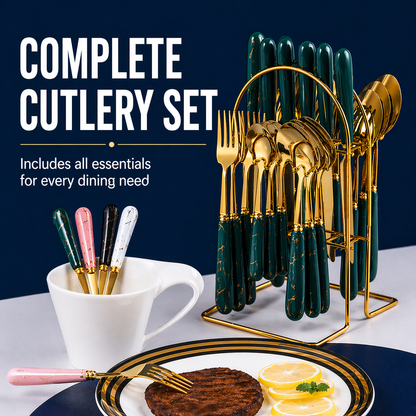 24PCS Cutlery Set with Stand (Gold / Silver Ceramic Handle)