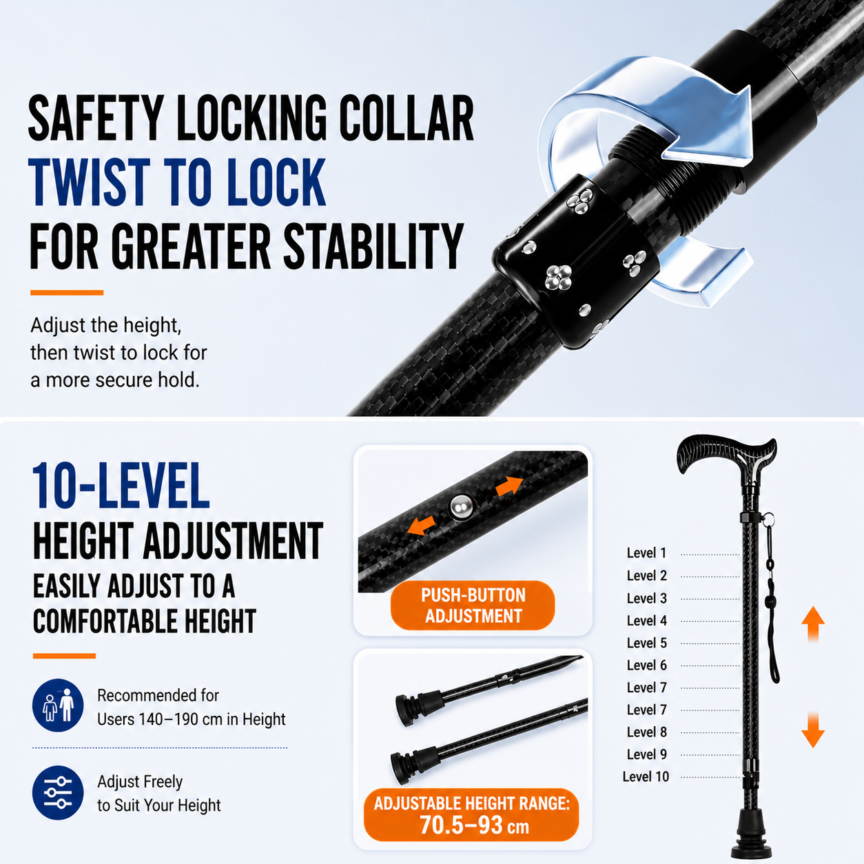 Ultra-Light Carbon Fiber Walking Cane with Quad Base & Adjustable Height