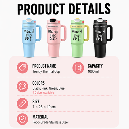 1000ML Leak-Proof Thermal Cup – Insulated Tumbler with Handle