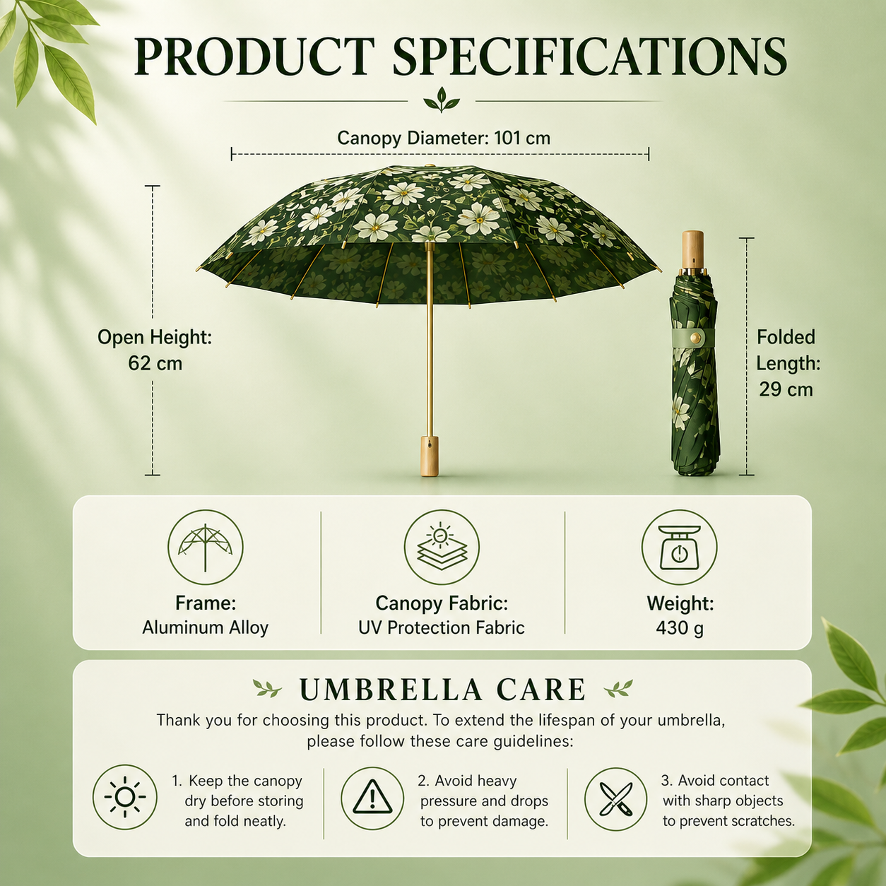 Premium Double-Layer UV Protection Floral Umbrella (UPF50+, 16-Rib, Windproof)