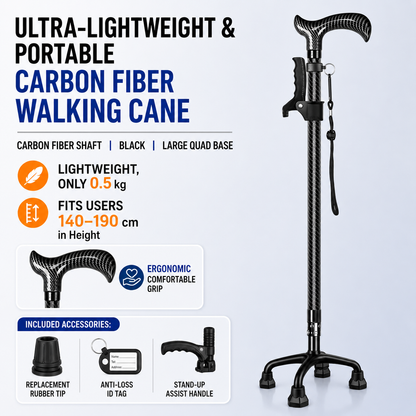Ultra-Light Carbon Fiber Walking Cane with Quad Base & Adjustable Height