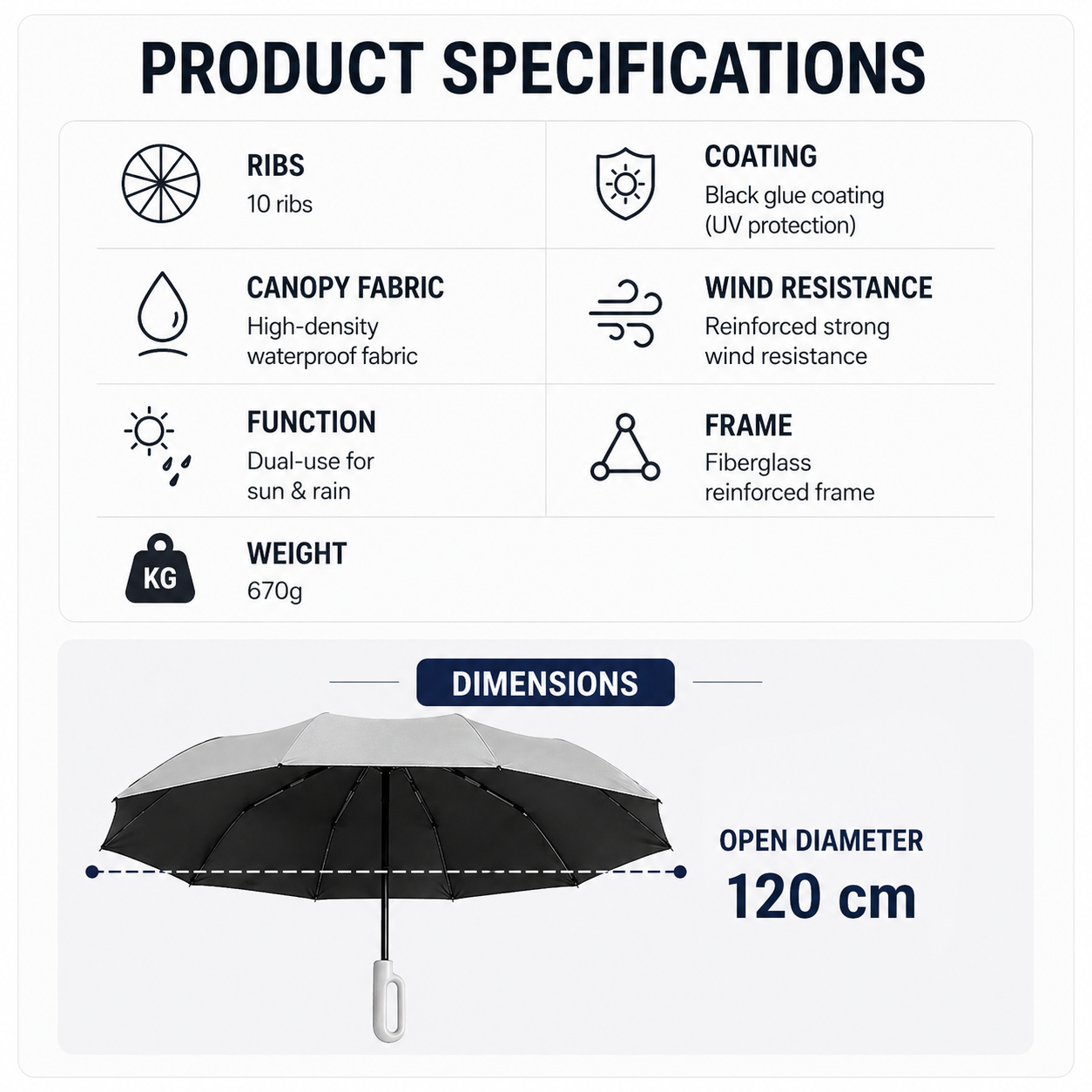 Automatic Hook Handle Umbrella – 125cm Windproof UV Protection Foldable Travel Umbrella