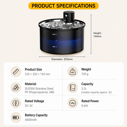 Wireless Cat Water Fountain 3.2L (Stainless Steel)