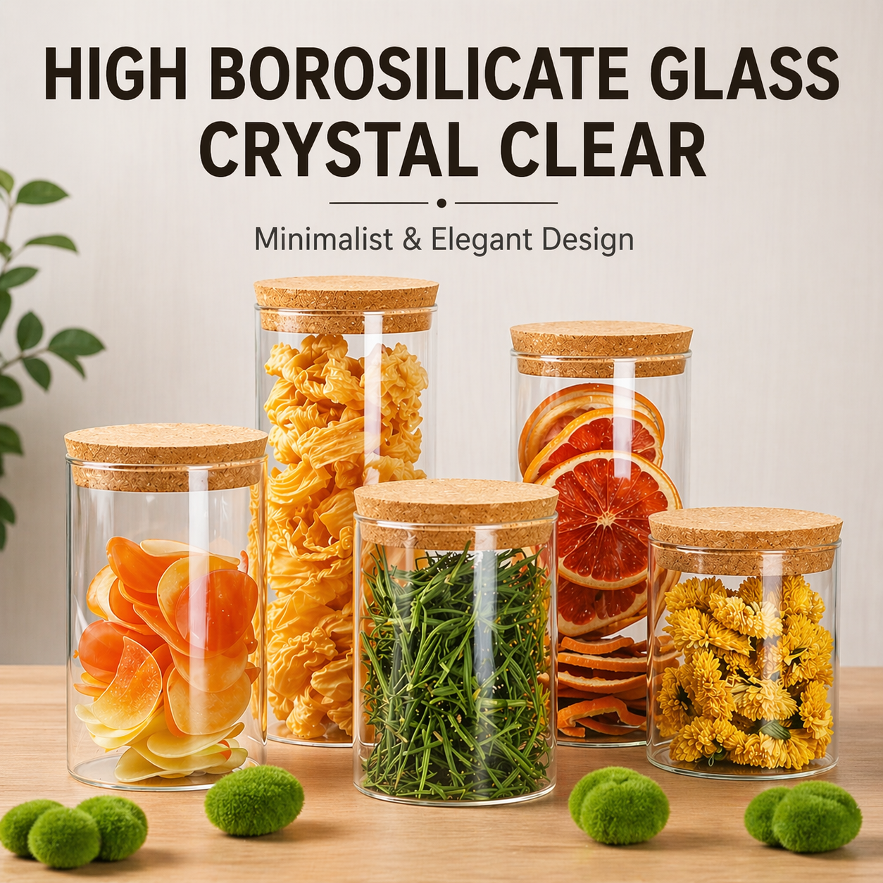 Cork Lid Glass Storage Jar Set (Borosilicate Glass)