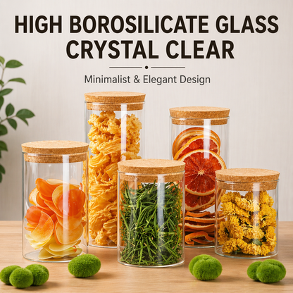 Cork Lid Glass Storage Jar Set (Borosilicate Glass)