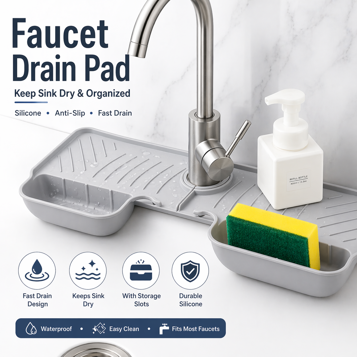 Silicone Faucet Drain Pad Sink Organizer (Fast Drain Design)