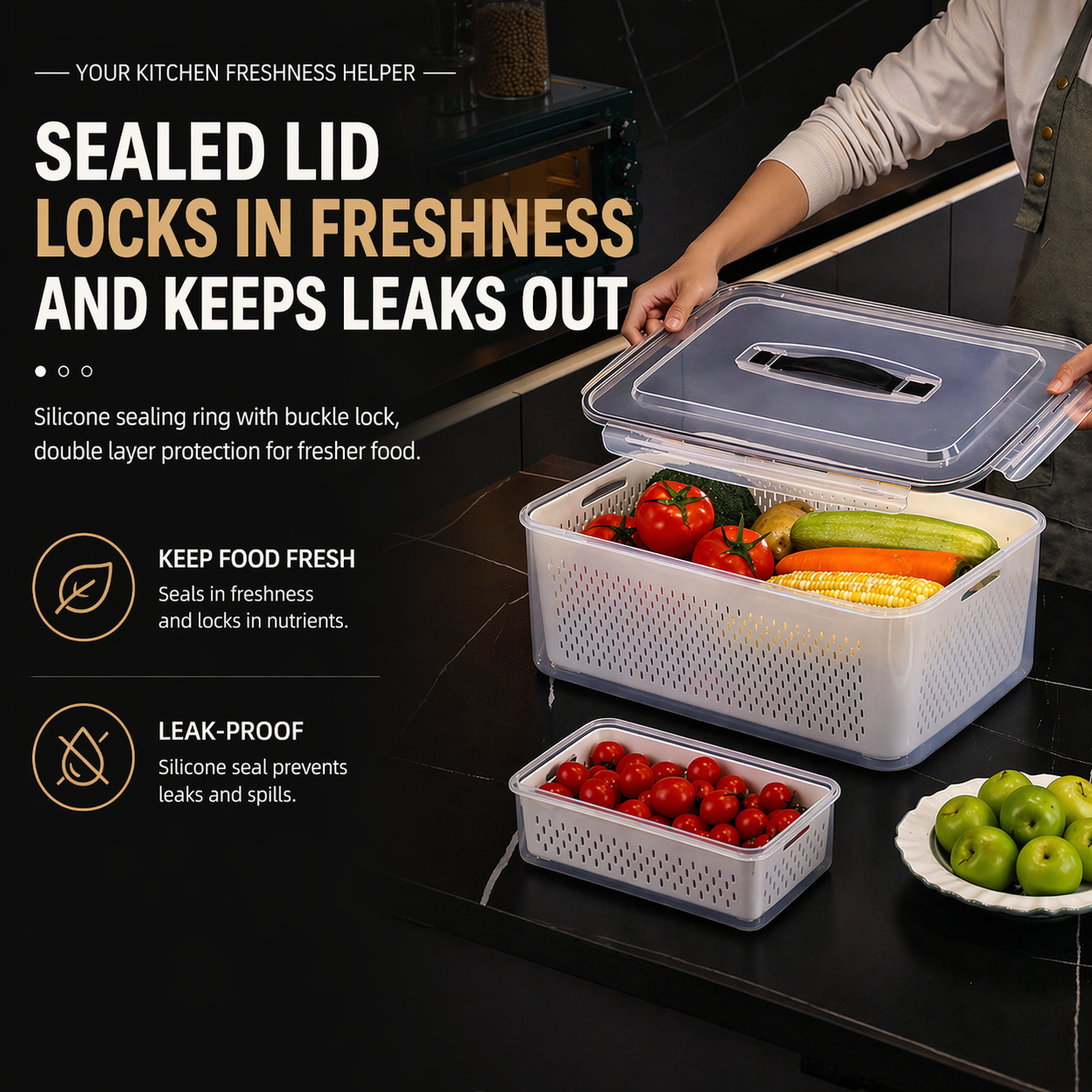 2-in-1 Fresh Keeping Storage Container Set (Drain & Store Design)