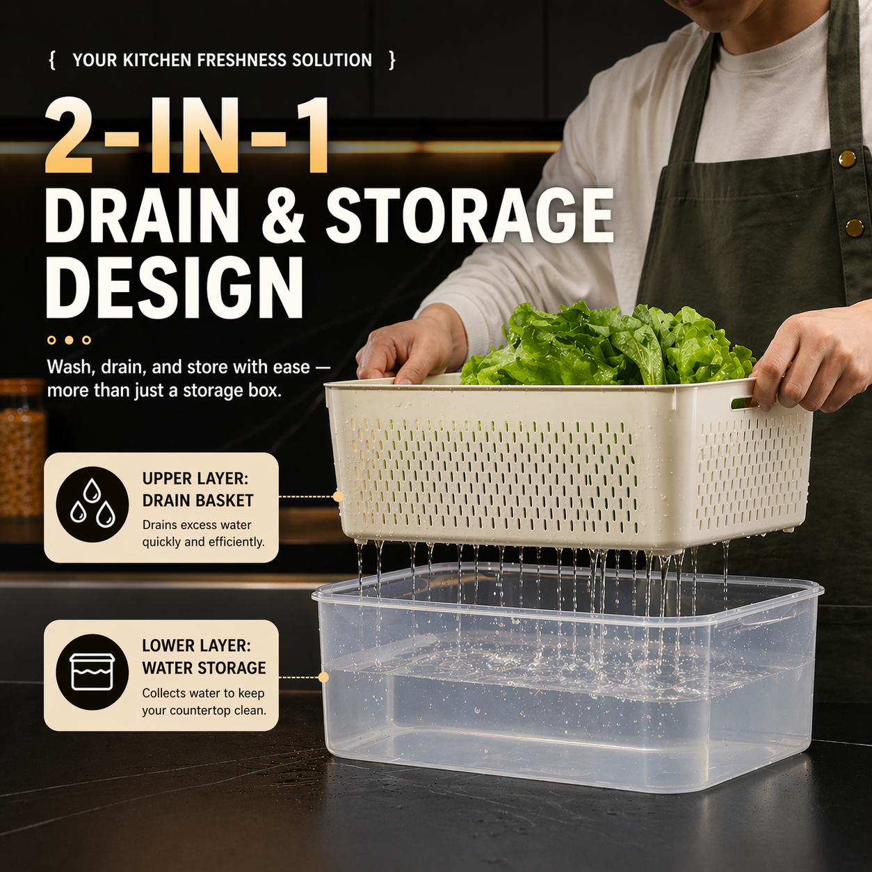 2-in-1 Fresh Keeping Storage Container Set (Drain & Store Design)