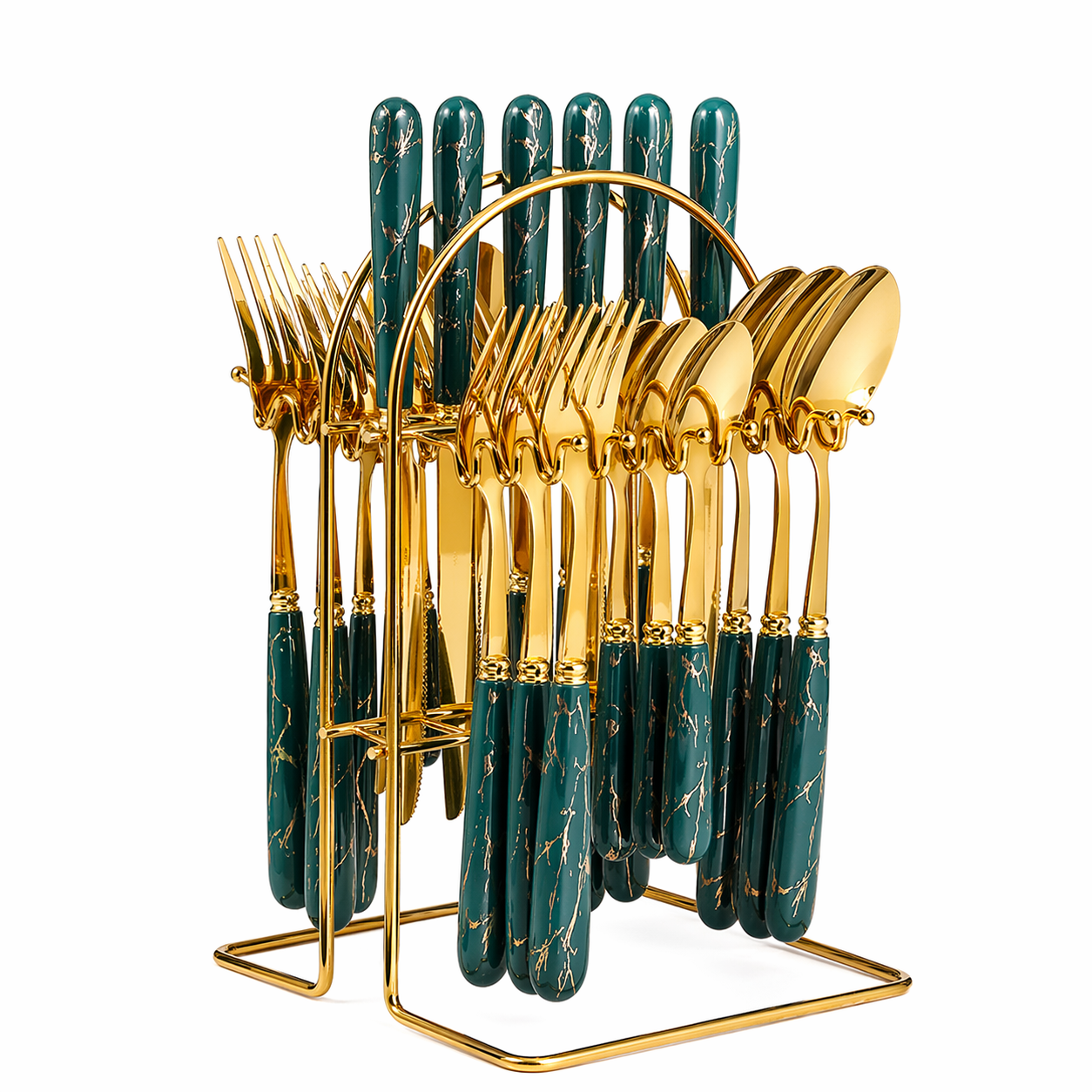 24PCS Cutlery Set with Stand (Gold / Silver Ceramic Handle)