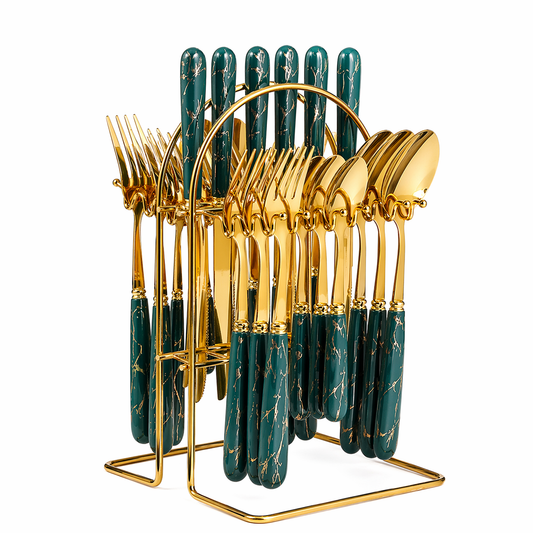 24PCS Cutlery Set with Stand (Gold / Silver Ceramic Handle)