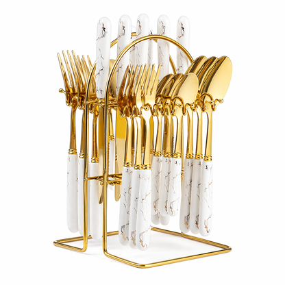24PCS Cutlery Set with Stand (Gold / Silver Ceramic Handle)