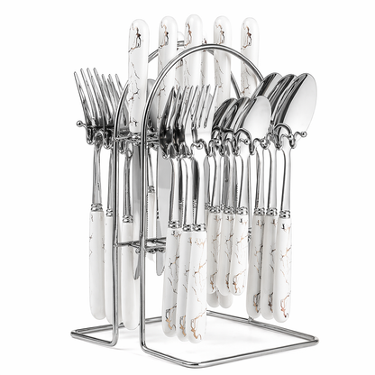 24PCS Cutlery Set with Stand (Gold / Silver Ceramic Handle)