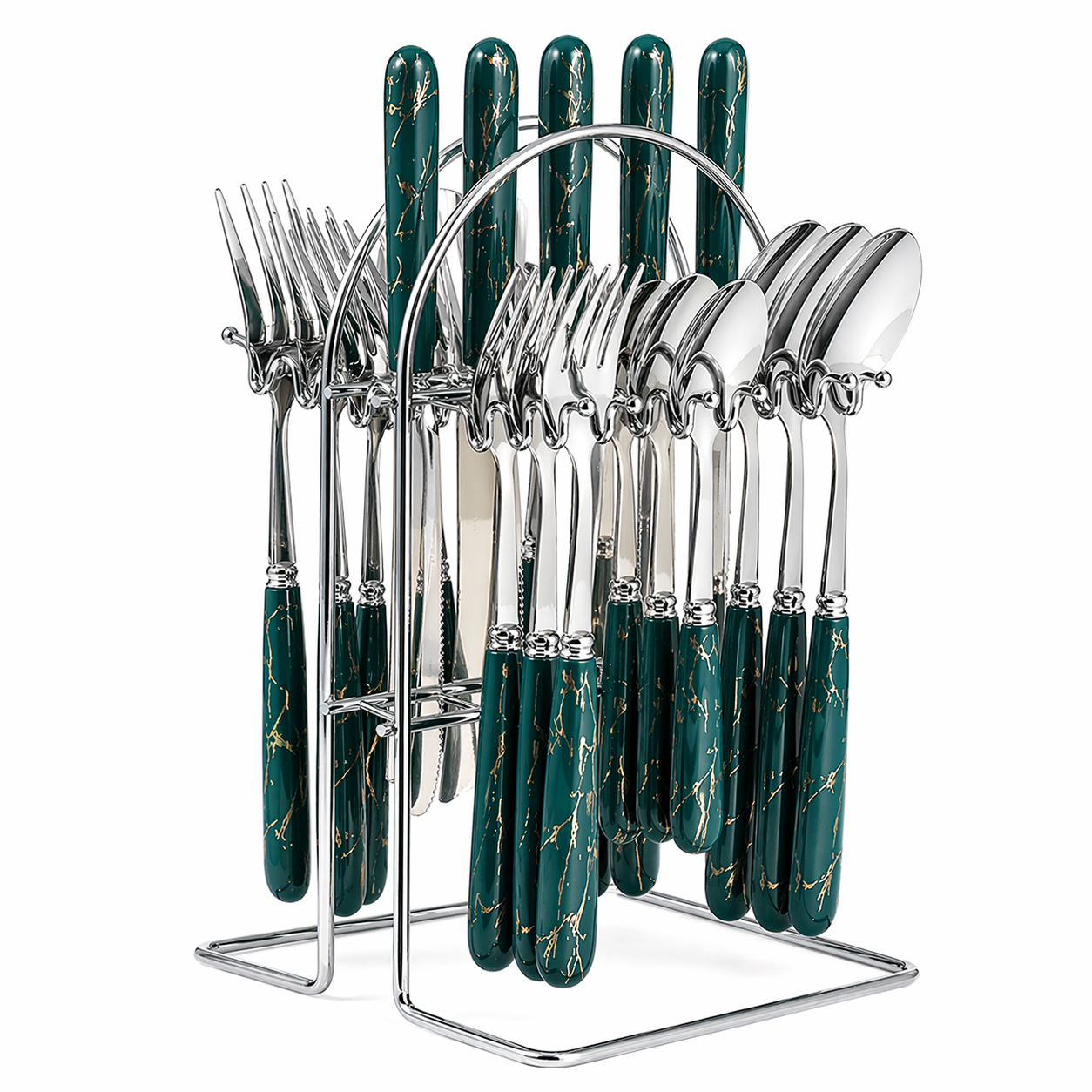24PCS Cutlery Set with Stand (Gold / Silver Ceramic Handle)