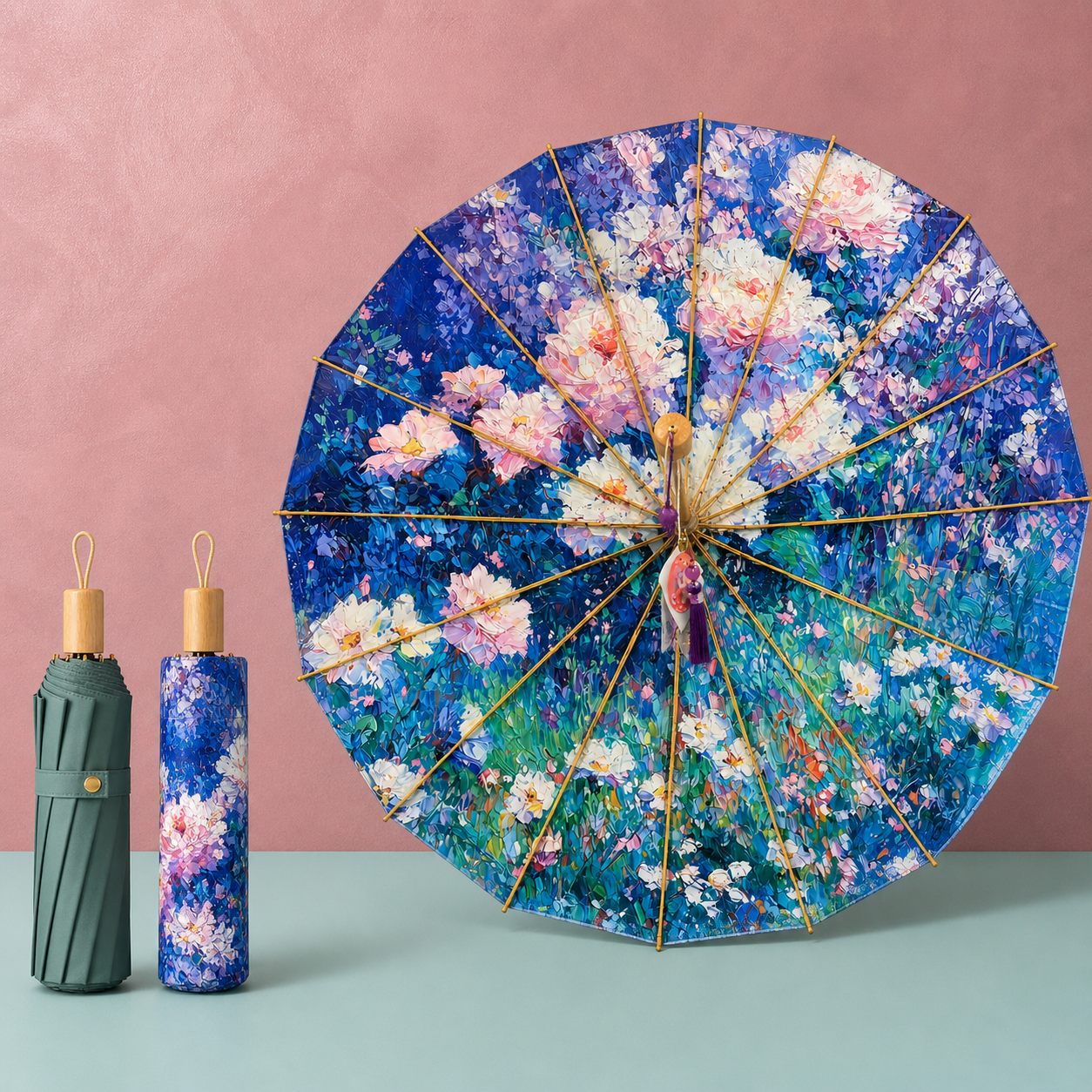 Premium Double-Layer UV Protection Floral Umbrella (UPF50+, 16-Rib, Windproof)