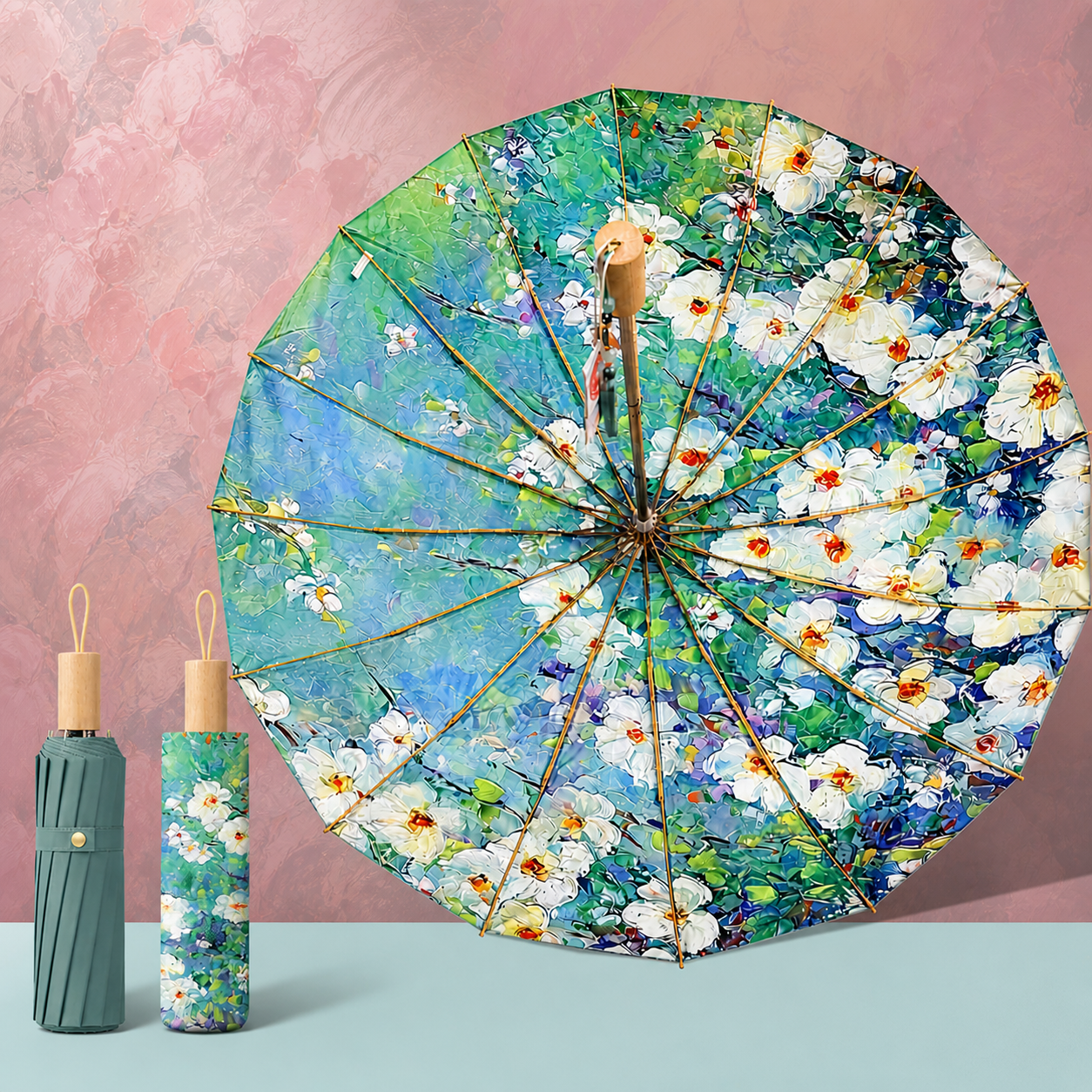 Premium Double-Layer UV Protection Floral Umbrella (UPF50+, 16-Rib, Windproof)