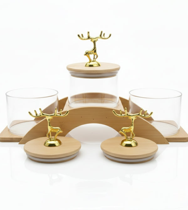 Premium Deer Glass Storage Jar Set with Wooden Tray