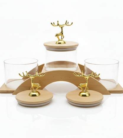 Premium Deer Glass Storage Jar Set with Wooden Tray