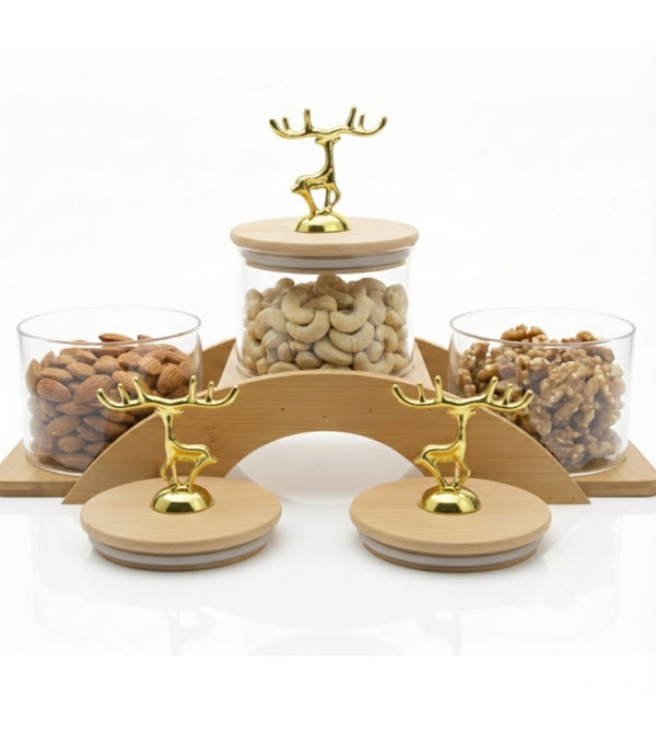 Premium Deer Glass Storage Jar Set with Wooden Tray