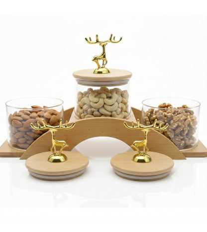 Premium Deer Glass Storage Jar Set with Wooden Tray
