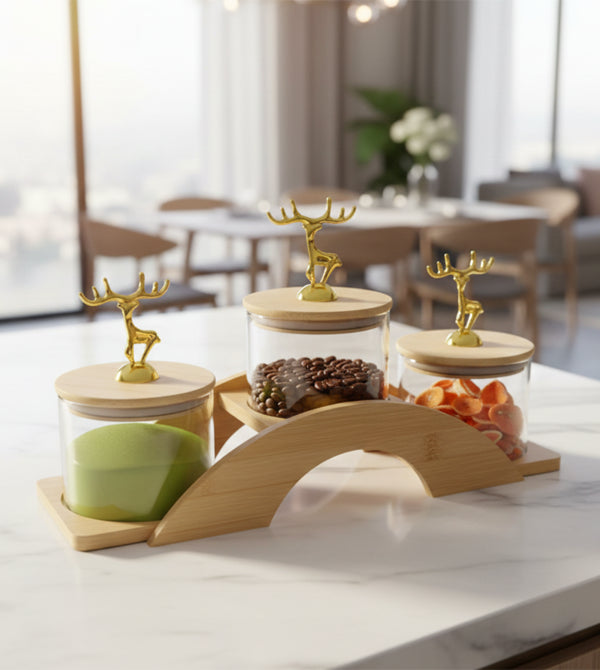 Premium Deer Glass Storage Jar Set with Wooden Tray