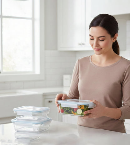 Glass Food Storage Container Set with Airtight Lock Lid (3 Sizes)