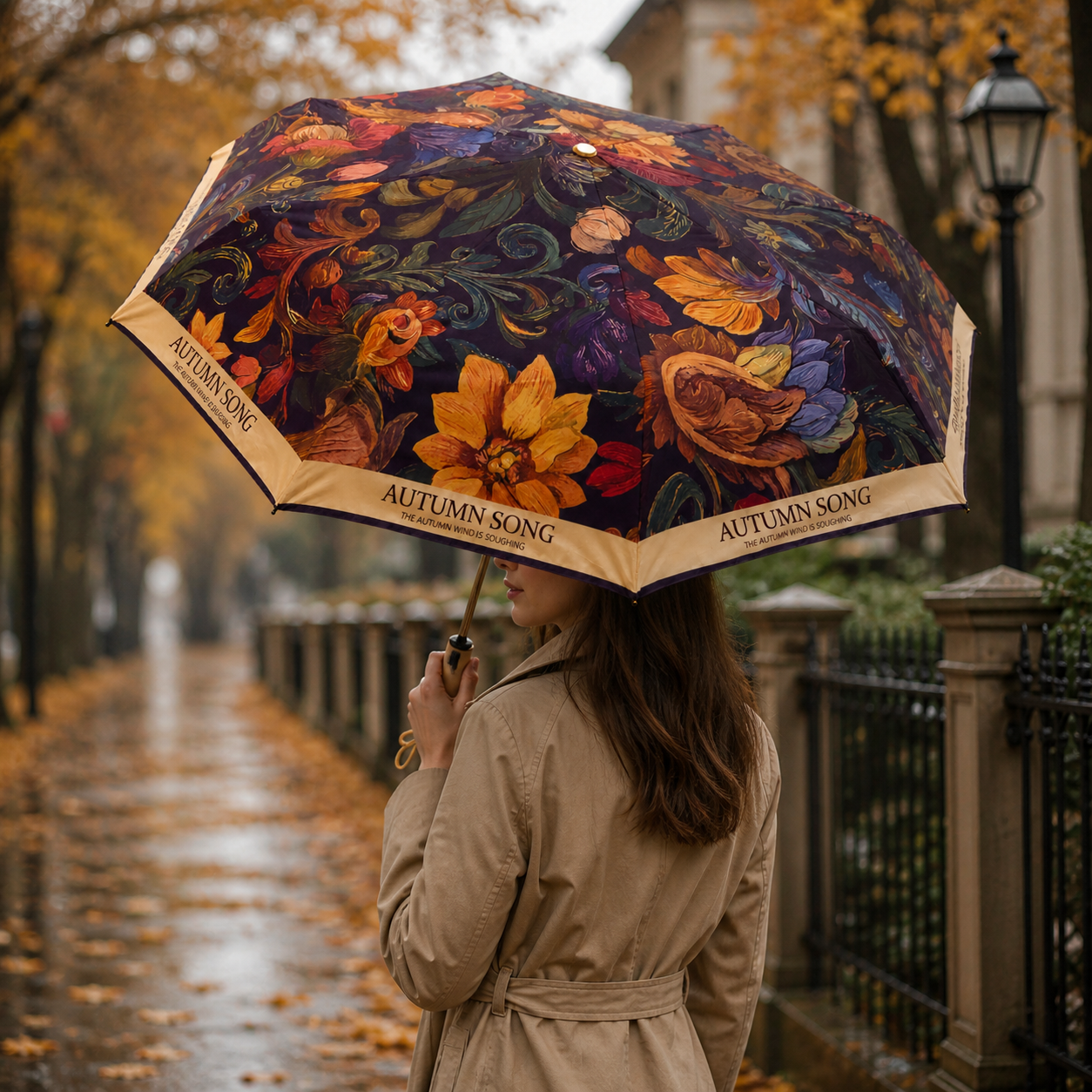 Autumn Song Premium Floral Automatic Umbrella (UV Protection, Windproof, Compact Design)