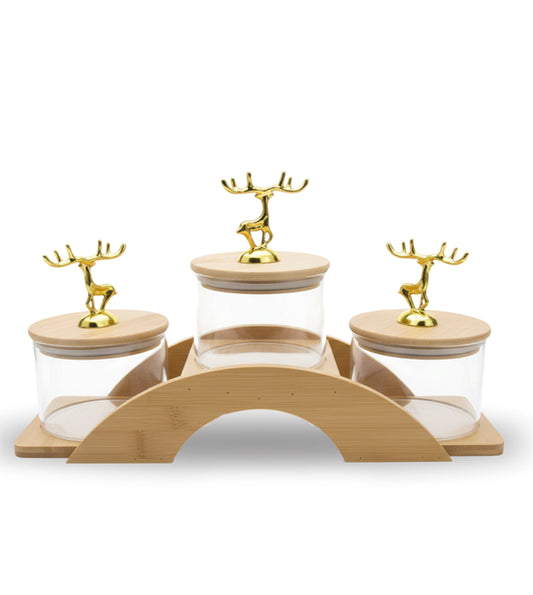 Premium Deer Glass Storage Jar Set with Wooden Tray